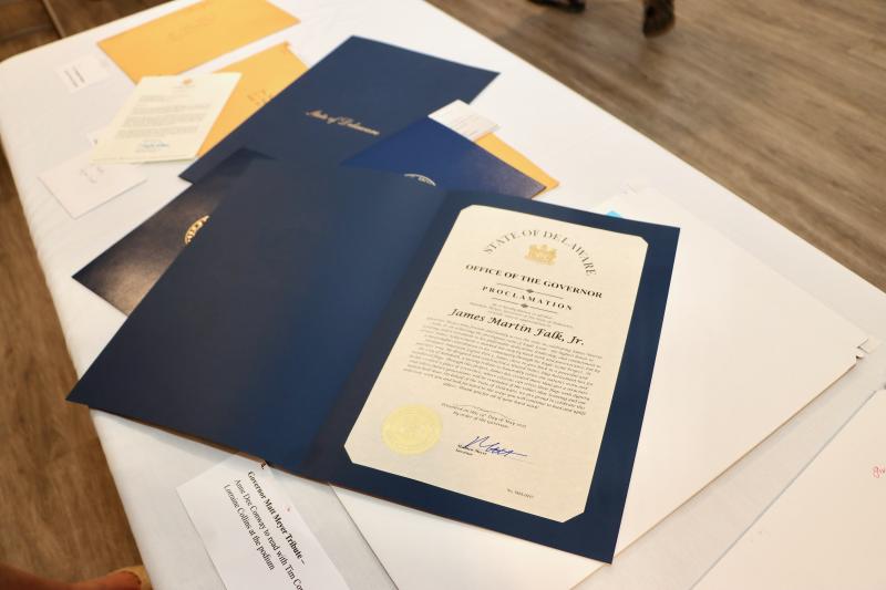 James Falk Jr. received proclamations from Delaware’s congressional delegation, the state House and Senate, Gov. Matt Meyer and Sussex County Council.